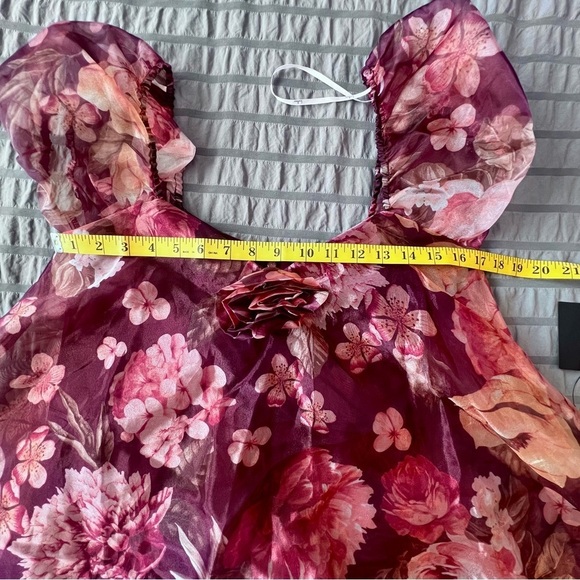 Lulus NWT Flair Wine Red Floral Organza Puff Sleeve Baby Doll Shift Mini Dress S - Picture 10 of 11